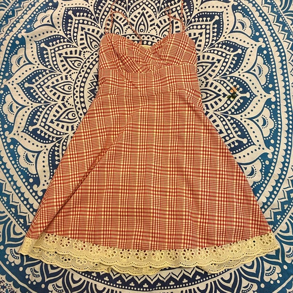 GORGEOUS!💚👗QUALITY VINTAGE DRESS👗💚PINUP PINAFORE RED CREAM PICNIC PLAID 14